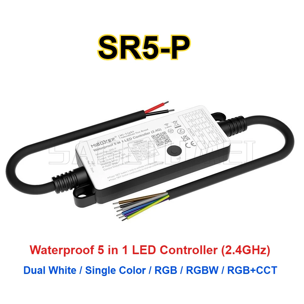 Miboxer SR5-P Waterproof 5 in 1 LED Controller 2.4G RF Remote Control for DC 12V 24V Single Color CCT RGB RGBW RGB+CCT LED Strip