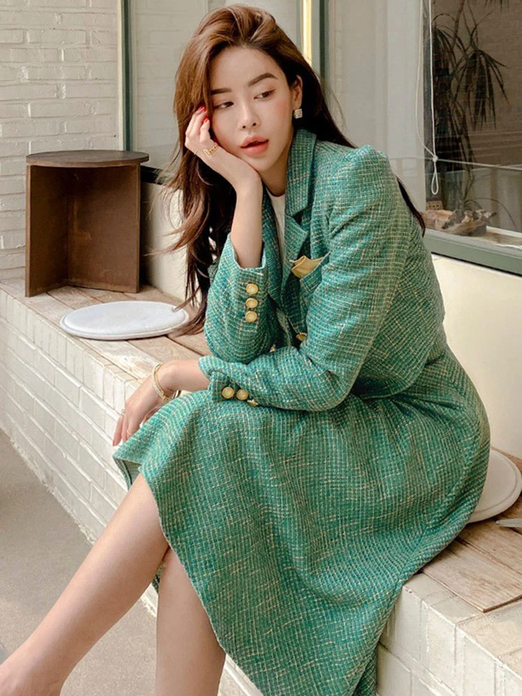 Fashion Women Office Outfit Stripe Vintage Lady Single Breasted Short Blazer Coat Suit Jacket High Waist Midi Skirt 2 Piece Sets
