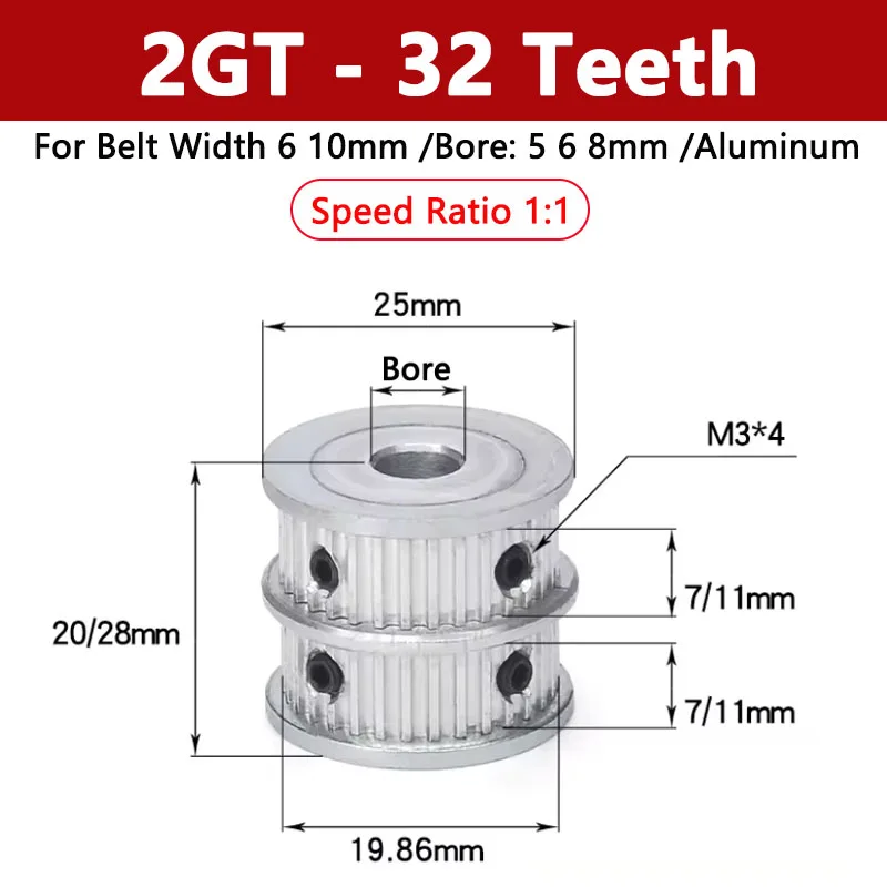 1pc 2GT 32 Teeth Multiple Wheel Timming Pulley Speed Ratio 1:1 Double Row Combination Synchronous Wheel for Belt Width 6 10mm