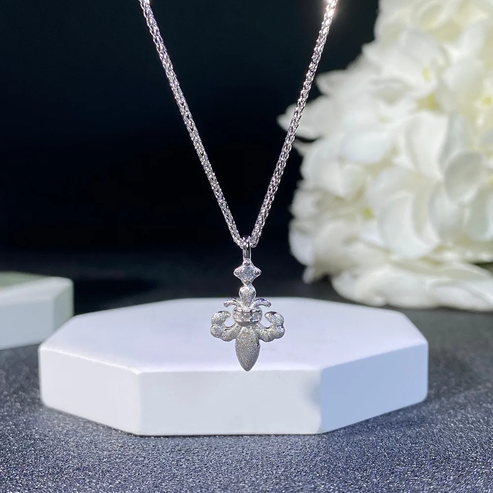 Sterling silver ancient diamond-encrusted necklace retro brushed light luxury medium and ancient style four-leaf clover pendant
