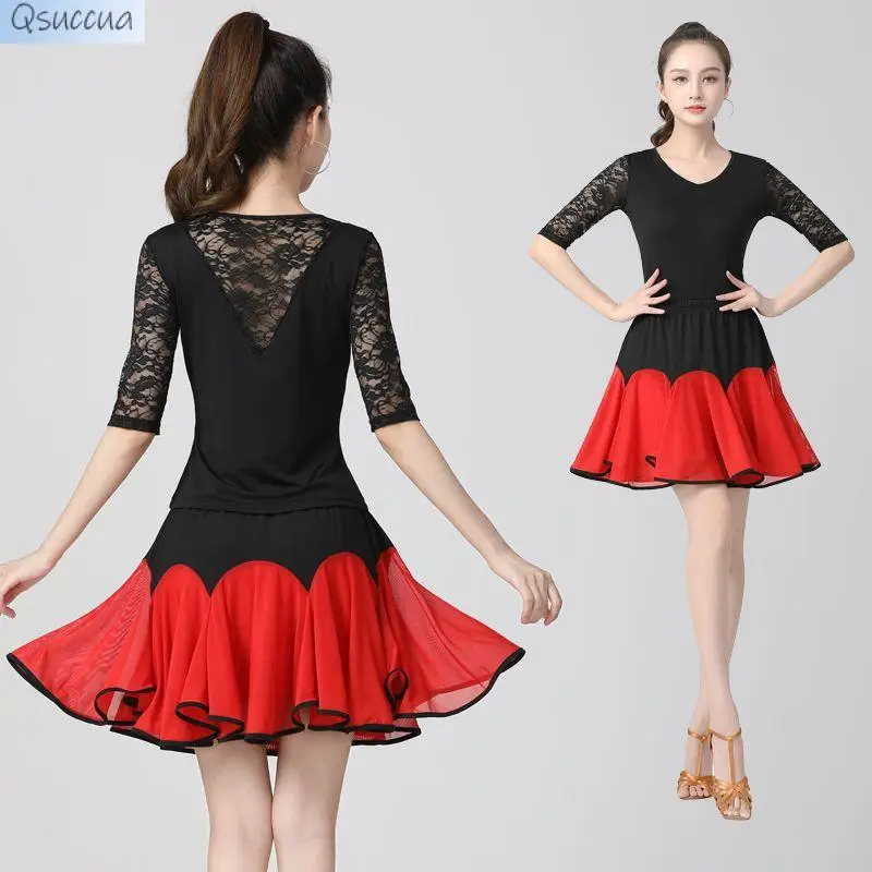 Summer New Latin Dance Mid-Sleeved Lace Suit Square Dance Dance Skirt Modern Dancer Performance Costume