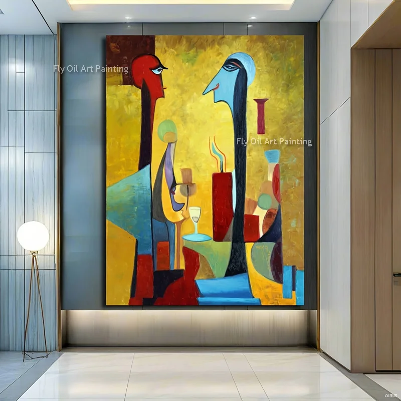 Handmade Cubist Abstract Figure Oil Painting Hand-Painted Textured Canvas Art Vibrant Yellow Blue Geometric Wall Decor for Home