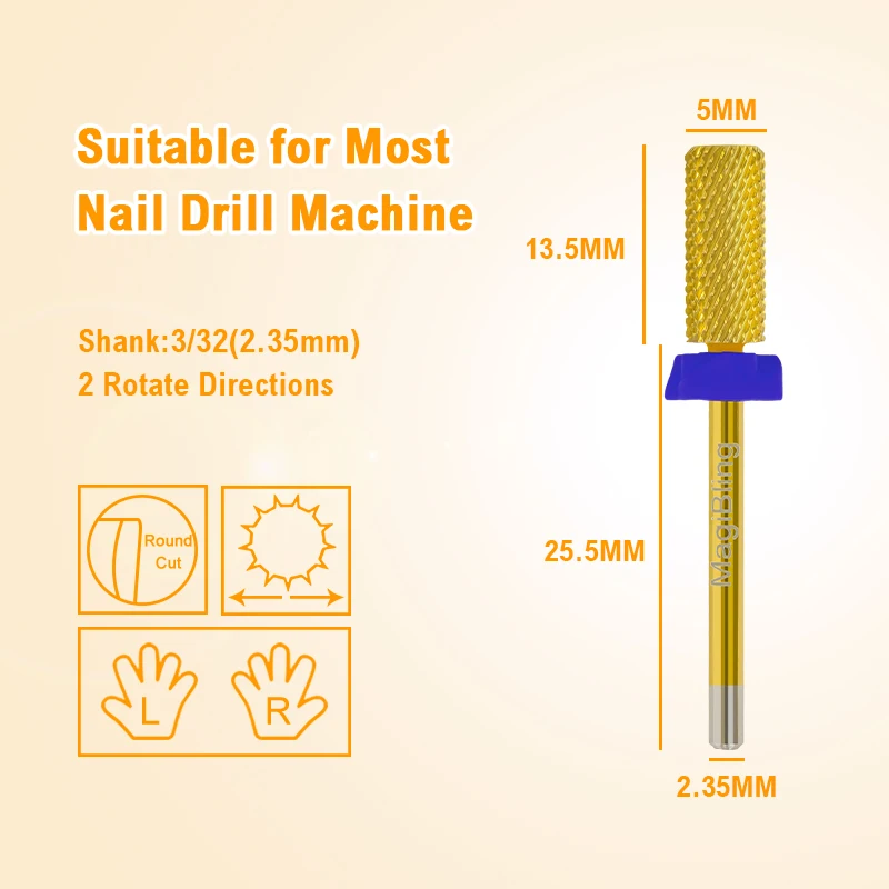 5.35mm Small Barrel Gold Tungsten Carbide Nail Drill Bits Left Right Hand Reversed Grinding Head Milling Cutter Sander DIY Tools