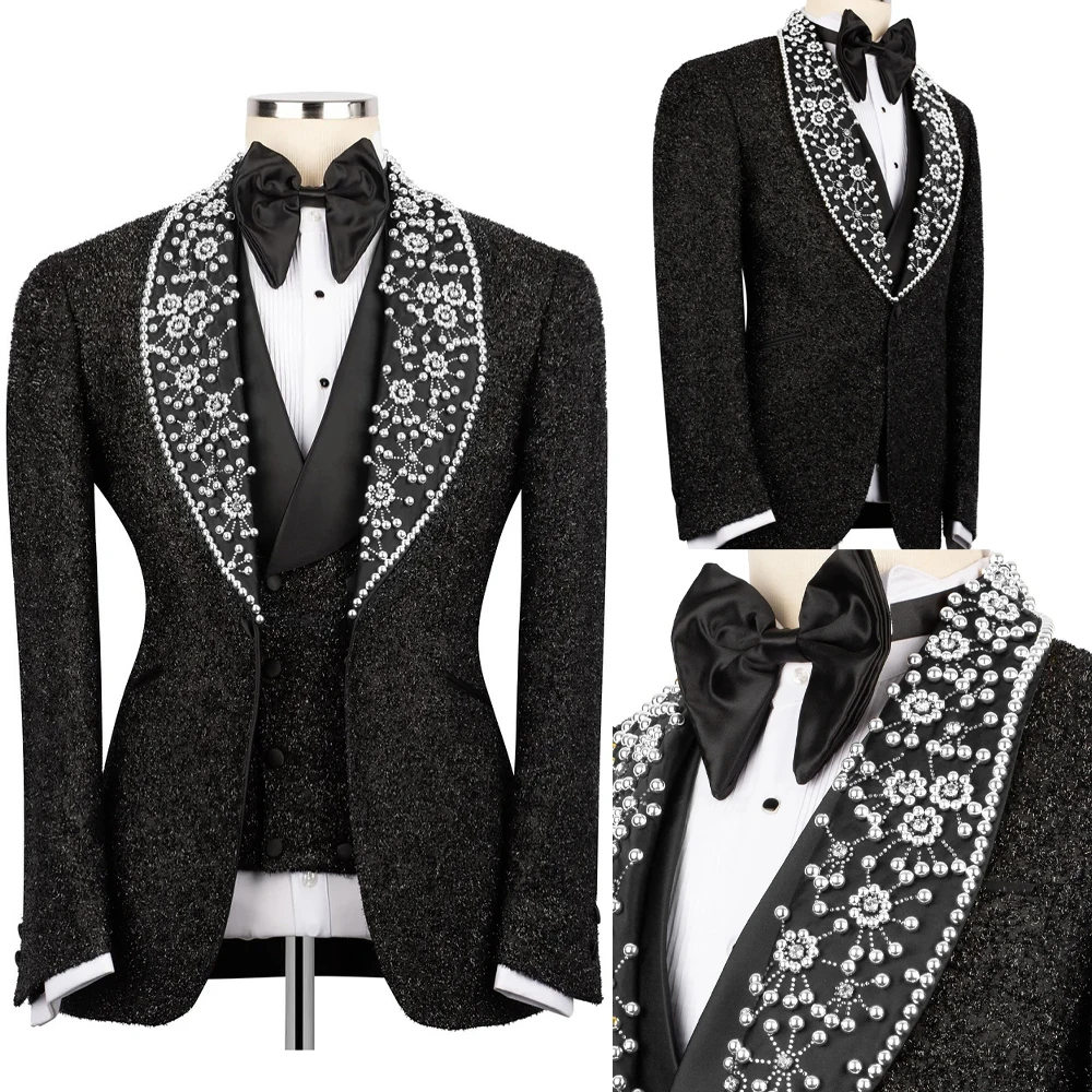 Sequined Men Wedding Tuxedos Beads Pearls Shawl Lapel Groom Wear 3 Pieces Jacket Sets Business Banquet Birthday Party Customized