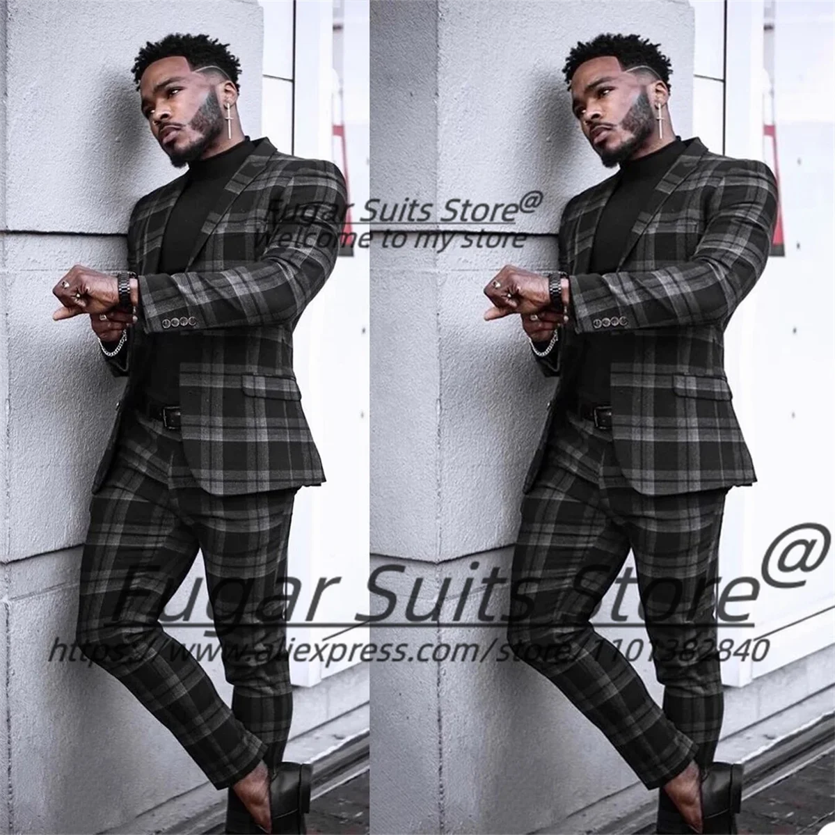 

Fashion British style Black Plaid Men Suits Customized Slim Fit Peak lapel Goom Tuxedos 2 Pcs Sets Male Prom Blazers Ropa Hombre