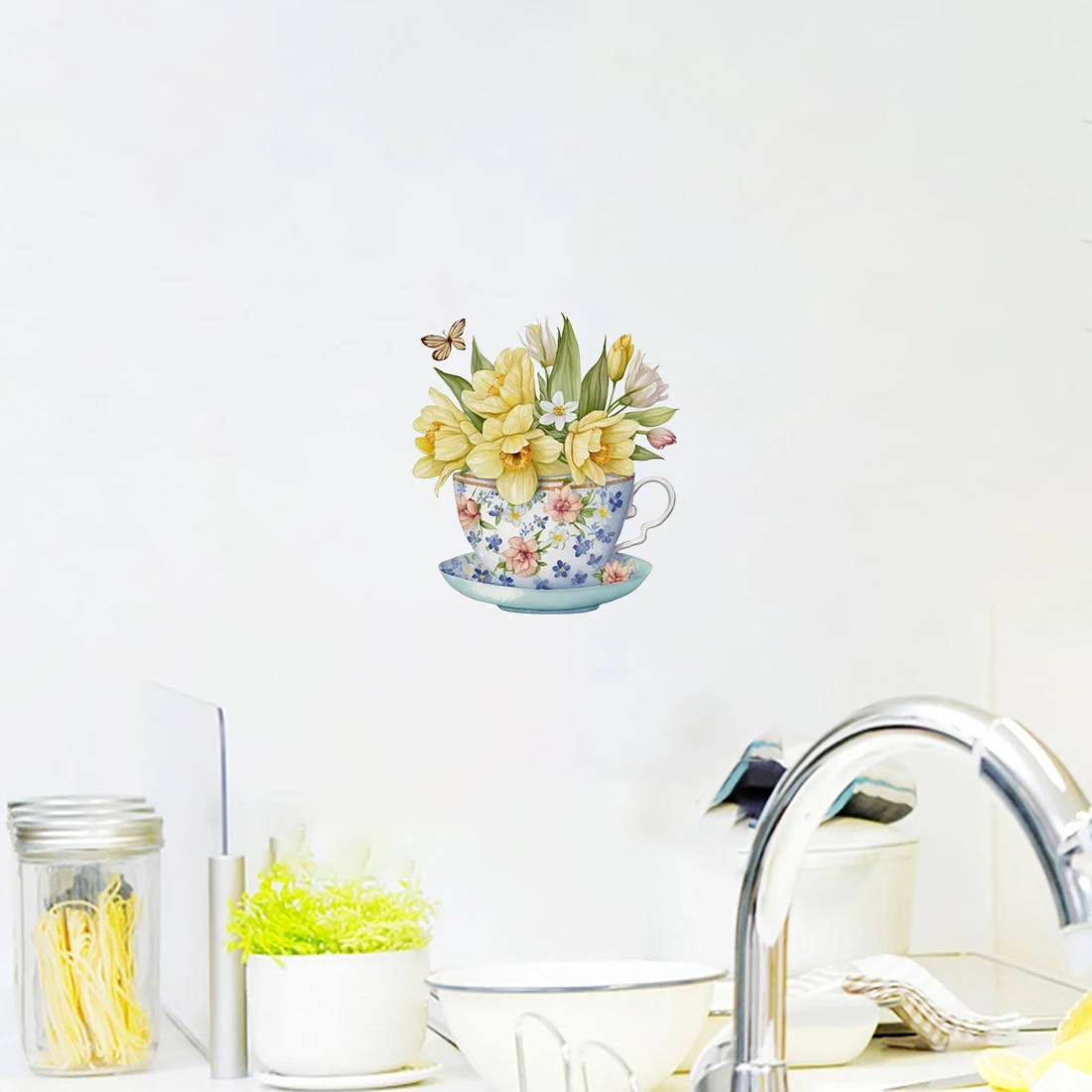 Three Ratels RR366 Beautiful tea cups flowers watercolor art stickers for home decoration kitchen refrigeratordecals