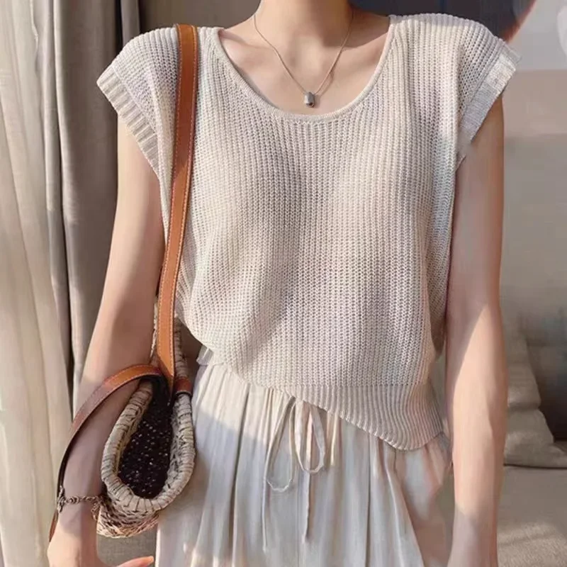 Summer Casual O-Neck Knitted Tops Korean Sleeveless Tank Top Loose Shirt Women Blouse Thin Shirt Solid Loose Top Elegant 28031