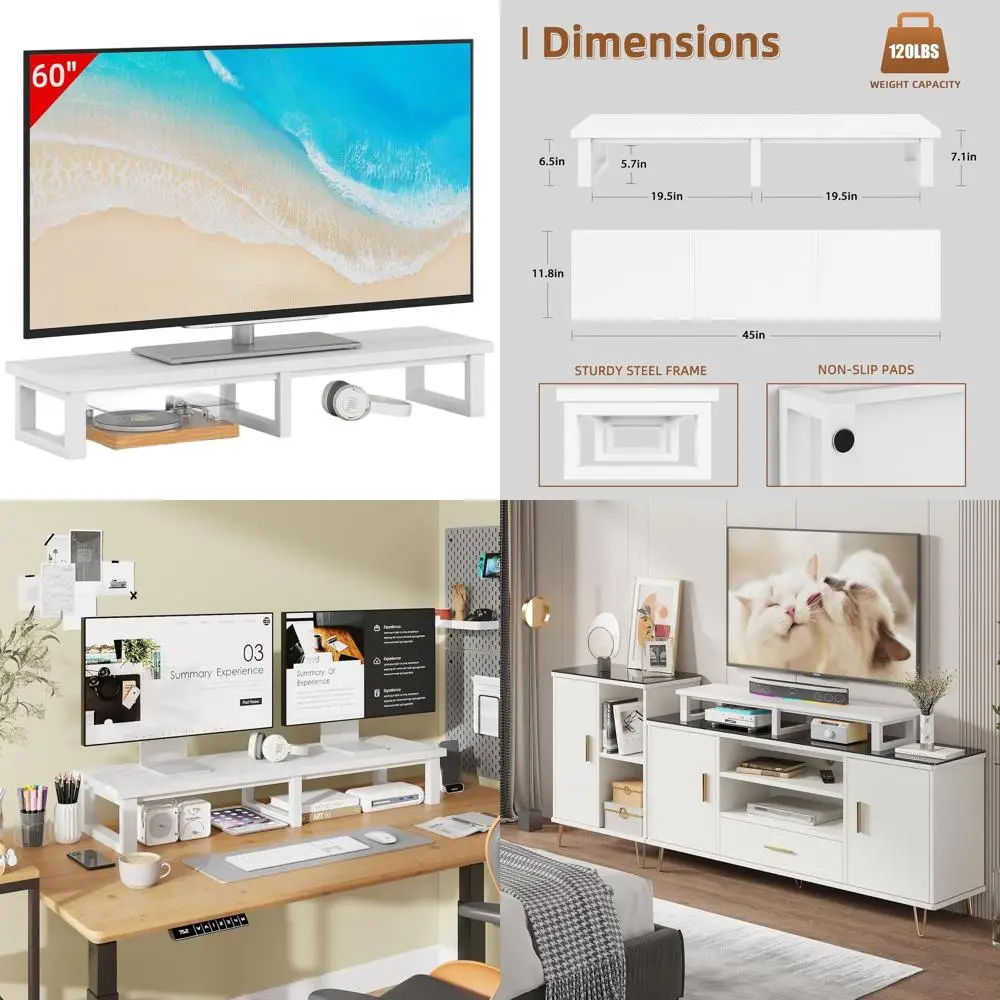 

45 High TV Stand for 32-60 inch TVs, Steel Legged Riser Shelf, Home Office TV Riser in White
