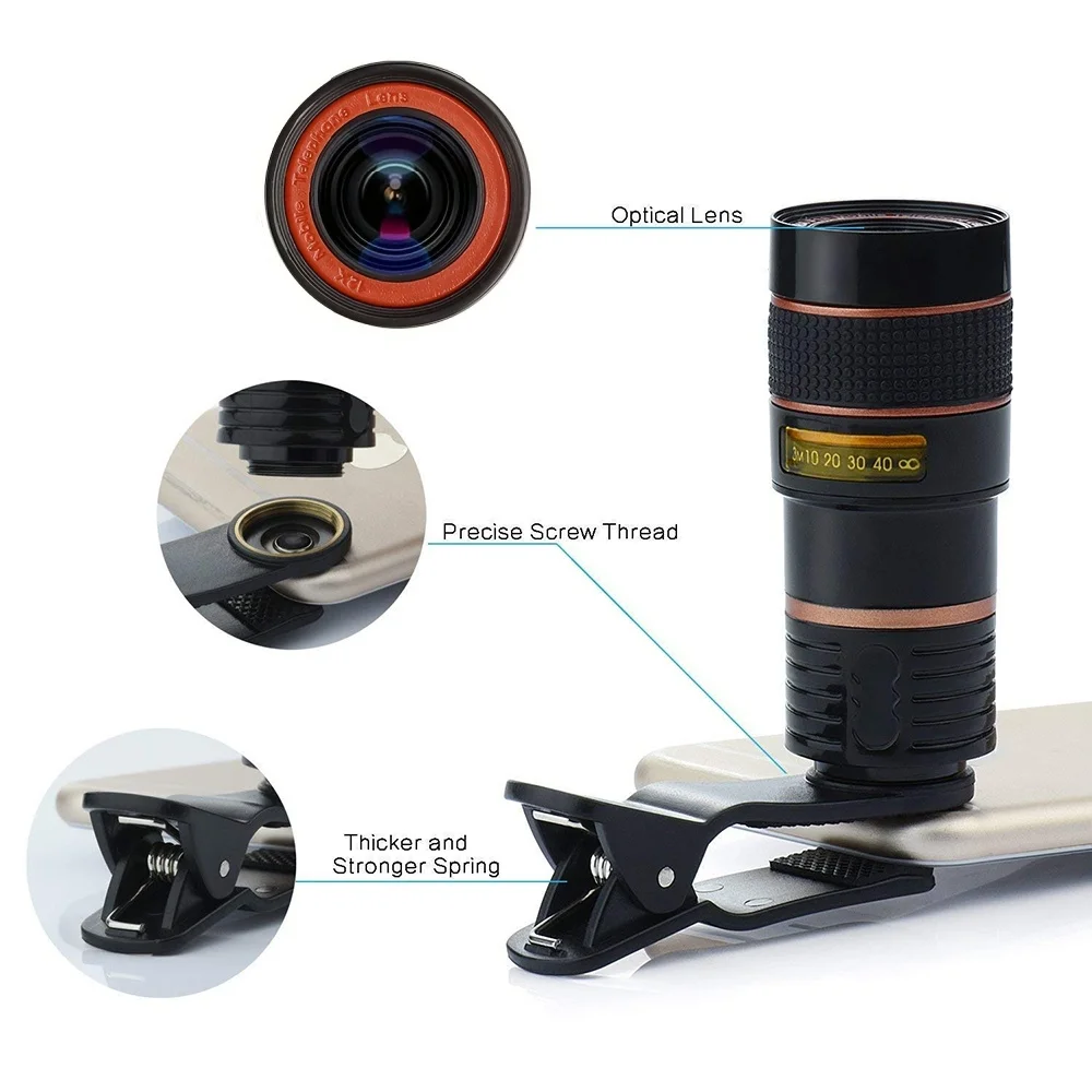 Universal 8X 12X Cell Phone Clip Lens for Xiaomi 14 iPhone 15 Samsung Oneplus Zoom Telescope Wide Angle Fish Eye Macro Lens