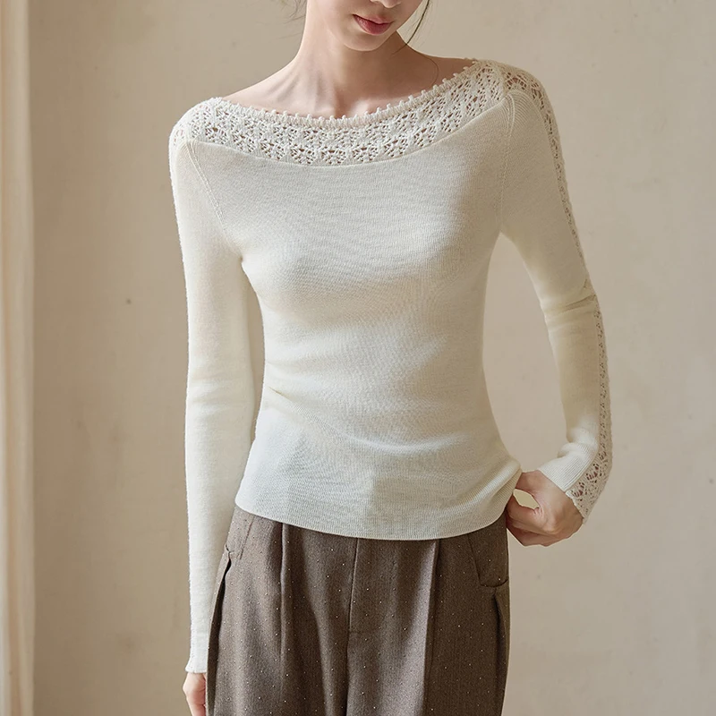 French Hollow Out Knit Pullover Women Spring Autumn Crochet Long Sleeve Base Layer Tops Woman Elegant Slash Neck Solid Jumpers