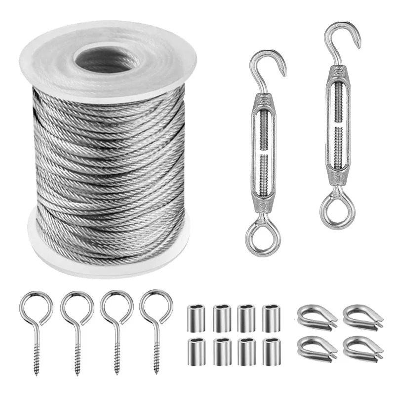 Wire Rope Cable Hooks 15/30/50M Stainless Steel Hanging Clothesline Tent Cord Kit Outdoor Garden Cable Guardrail Tighter Set