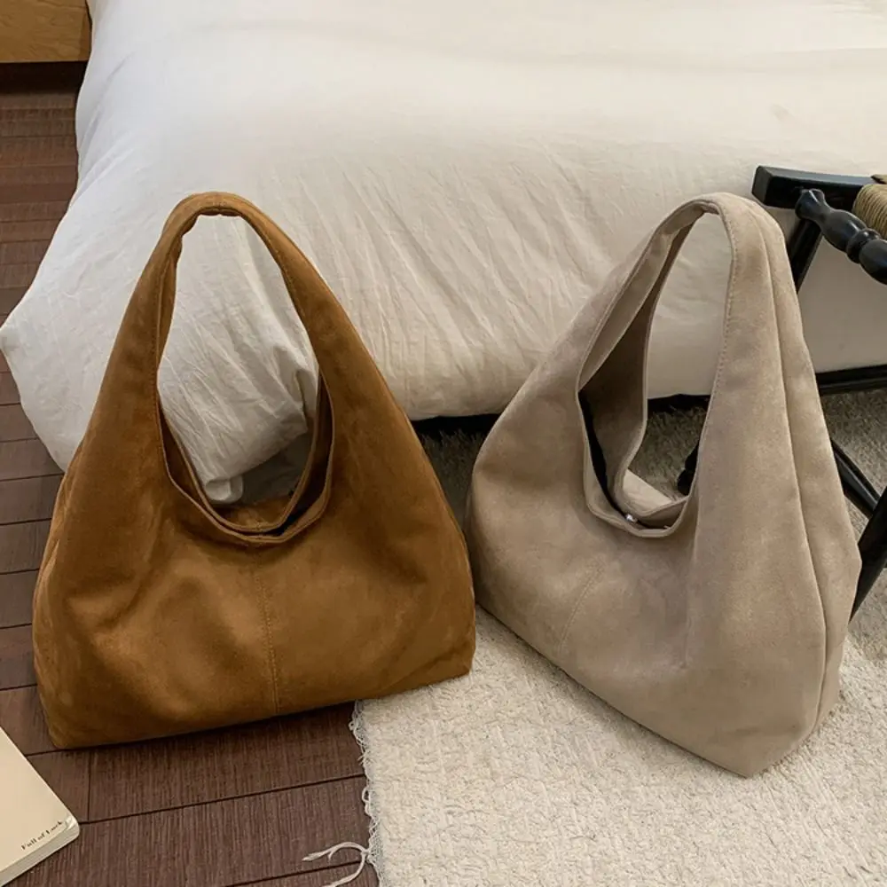 Lässige Retro-Damen-Schultertasche aus Wildleder mit großem Fassungsvermögen, einfarbige Shopper-Tasche