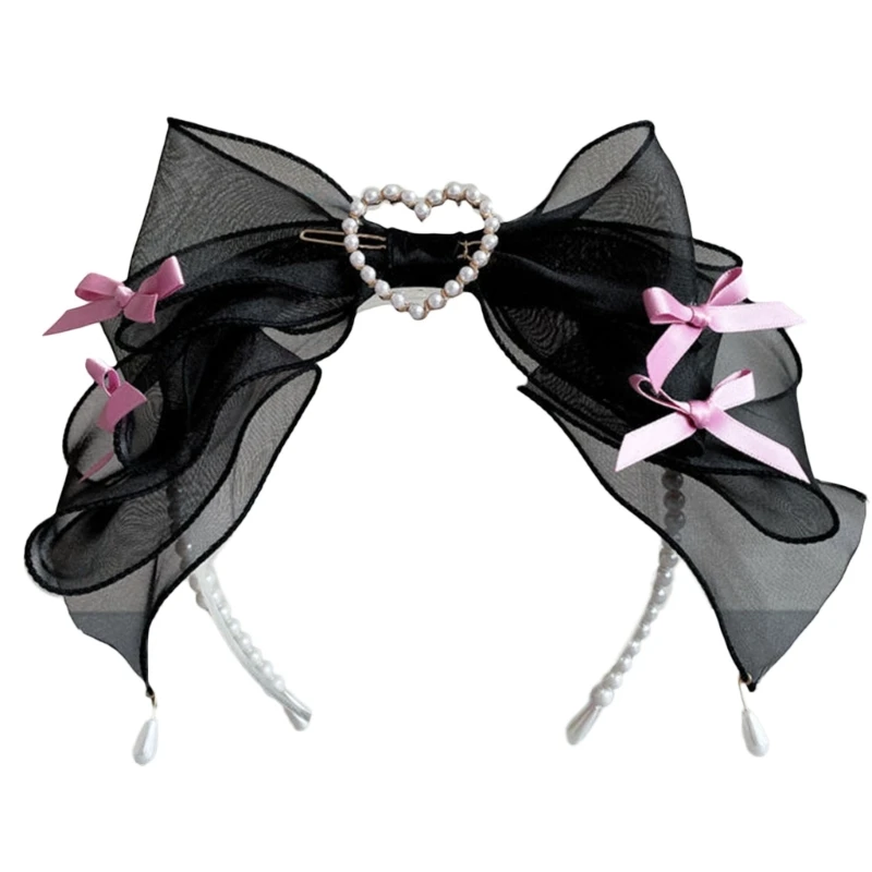 Lolita Girls Cute Pearl Bead Hairband Women Sweet Lace Bows Bridal Hair Hoop Gothic Cosplay Wedding Party Headband Photo Props image 5