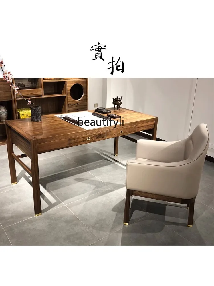 New Chinese Style Solid Wood Study Chair Zen American Leisure Couch Computer Chair  Leather Armrest Dining Chair Customization