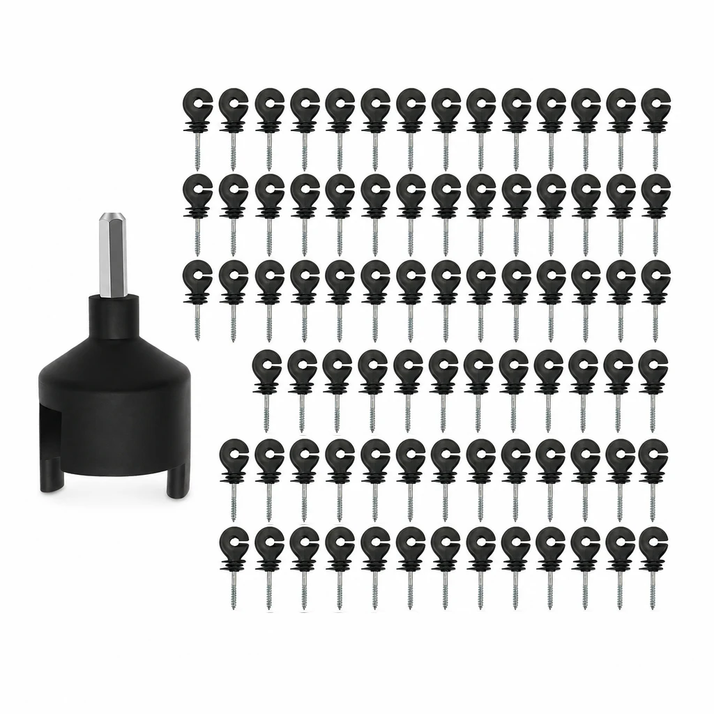 80Pcs Electric Fence Insulators  1 Installation Tool Kit, Plastic Snap-on Post Insulator for T-Post Wooden Pole, Farm Ranch Per