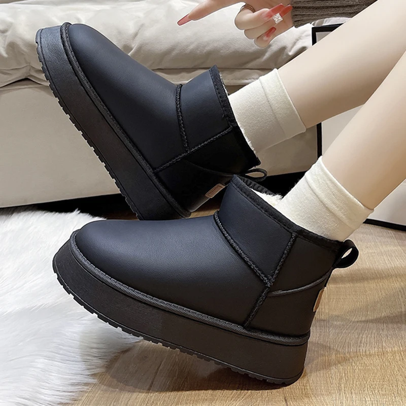 Waterproof Plush Lined Solid Women\'s Boots 2024 Winter Warm Slip On Snow Boots Thick Platform Casual Fluffy Botas