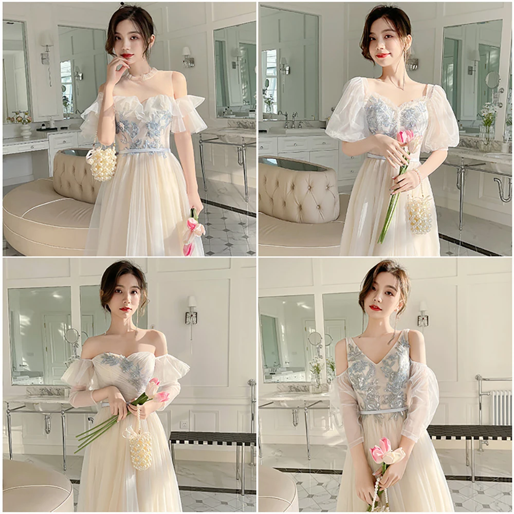 Wedding Party Bridesmaid Dress Women Off The Shoulder Embroidery Floral Tulle Dresses Sisters Homecoming Graduation Gown