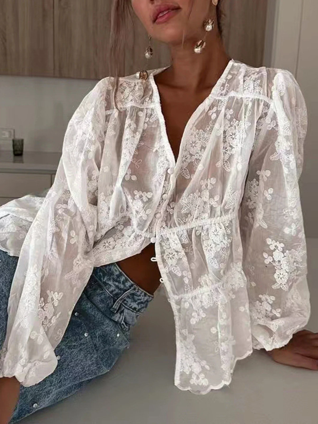 

Women's Blouses Summer Sexy Plain Sheer Embroidery Single Breasted Button Front Long Sleeve V-Neck Casual Blouses