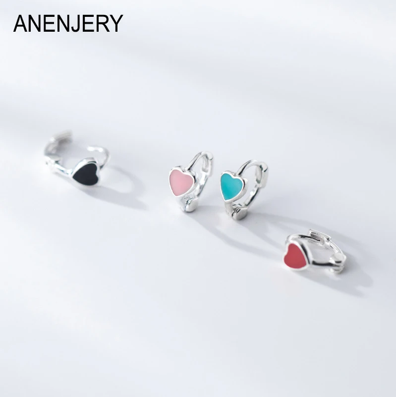 ANENJERY Colorful Drop Glaze Heart Hoop Earrings for Women Girl Simple Sweet Delicate Silver Color Small Huggies серьги