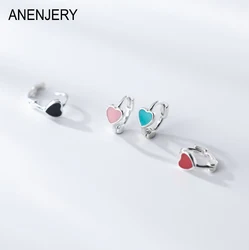 ANENJERY Colorful Drop Glaze Heart Hoop Earrings for Women Girl Simple Sweet Delicate Silver Color Small Huggies серьги