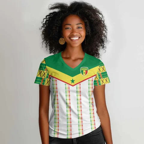 Summer African Clothing Senegal Print V-neck Short Sleeve Loose T-Shirt Casual Beach Vacation Style Women's Retro Top