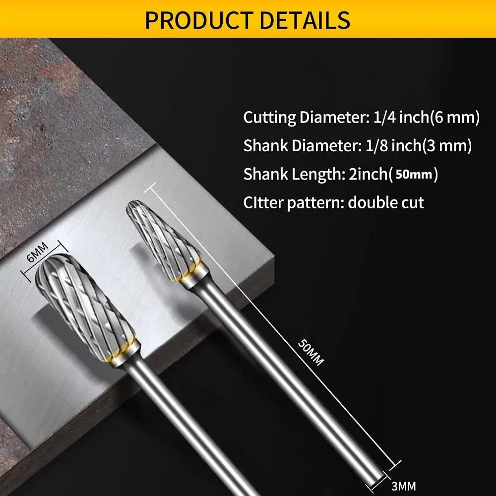 Double Cut Carbide Burr Set, 10 Shapes for Metal/Wood/Plastic, 1/8