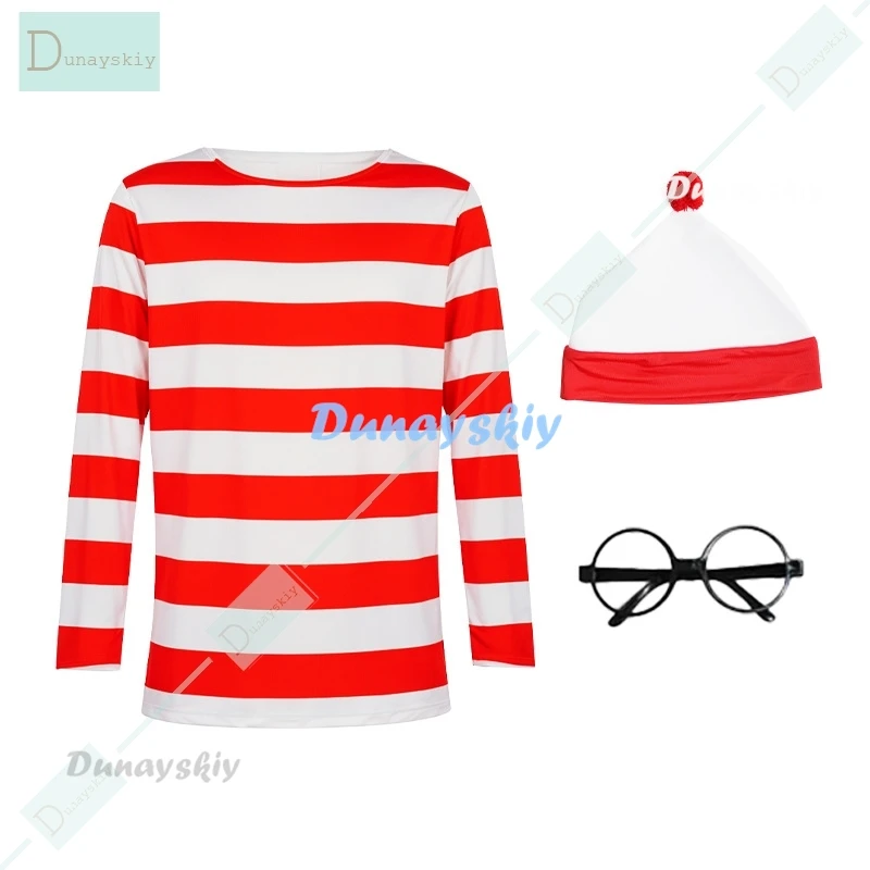 Wheres WaldoO Striped Shirt Youth Boys Wally Costume Shirt Glasses and Hat Socks Unisex Adults Halloween Cosplay Costume