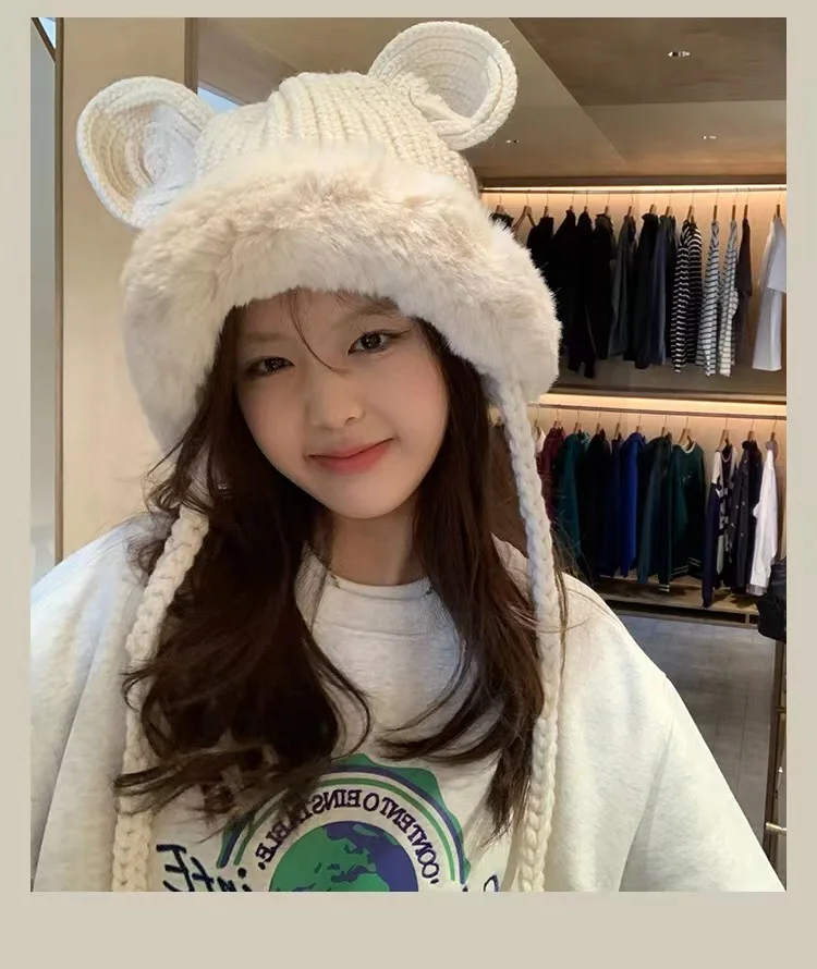 

Women Hat Winter Knitted Plush Faux Fur Cute Bear Ears Thick Warm Beanies Korean Balaclava Fashion Design Sweet Bonnet Cap Girls