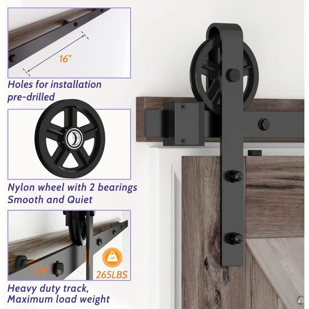 

Heavy Duty Sliding Barn Door Hardware Kit with Big-Rollers 8-20FT Black Steel Track Roller Set for Two Door Smoothly