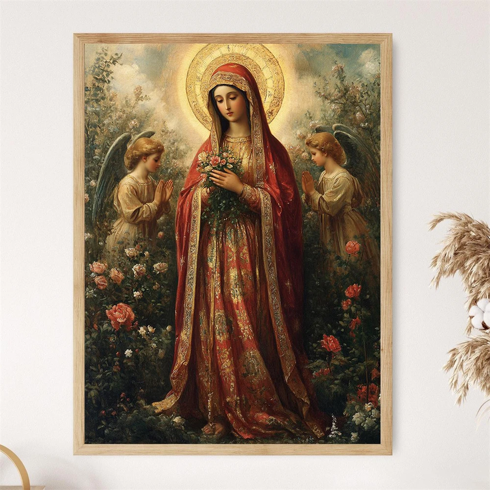 Madonna in Celestial Garden Prints Byzantine Christian Icon Religious Art Print Golden Poster Queenship of Mary Art Print Canvas