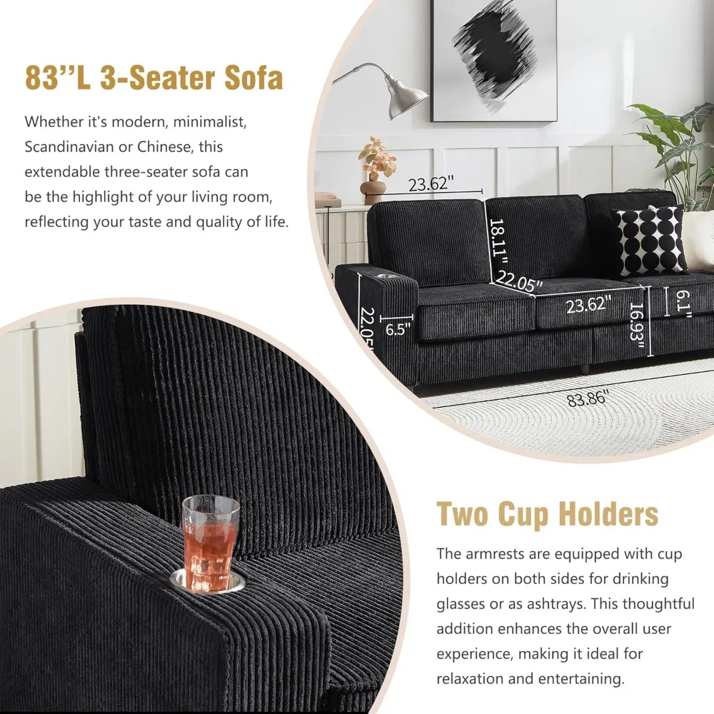 3-местный вельветовый диван с подстаканниками — 83,86 современный сжатый диван для гостиной, спальни, офисной мебели