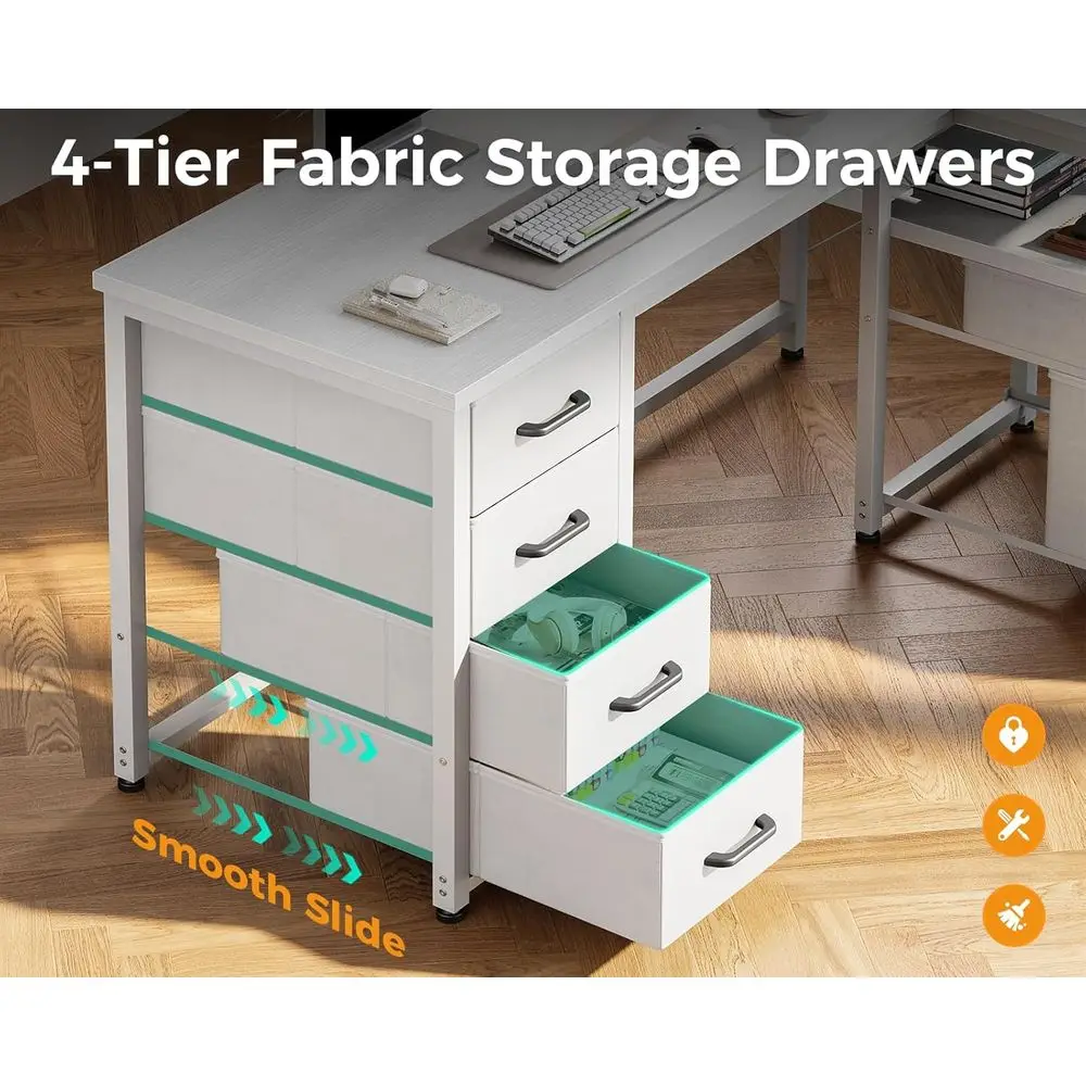 مكتب مكتب منزلي أبيض 55 على شكل حرف L مع 6 أدراج ورف قابل للعكس ومخرج طاقة