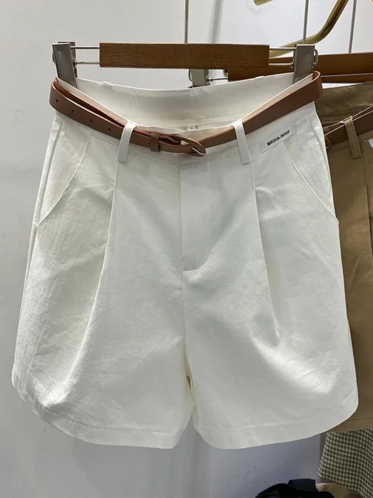 Summer Women\'s Shorts 2025 Loose Casual Cotton Short with Belt Solid Khaki Black Knee Length Wide Leg Bermuda Shorts for Women