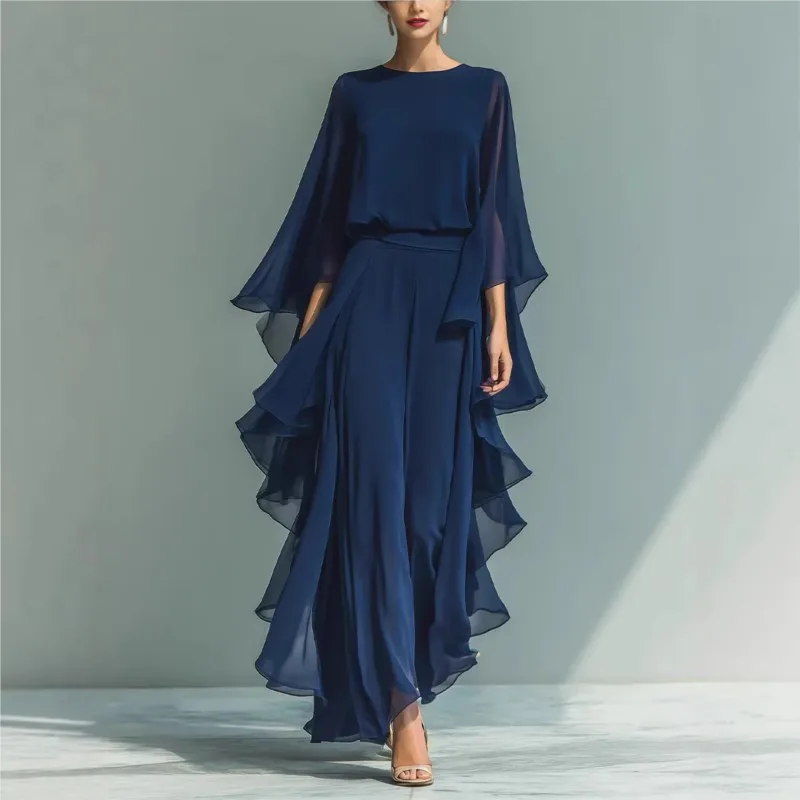 

Elegant Casual 2Pc 2026 Ruffled Edges Chiffon Shirt Flared Sleeve Top Solid-Color High-Waisted Irregular Long Pant Suit Outfits