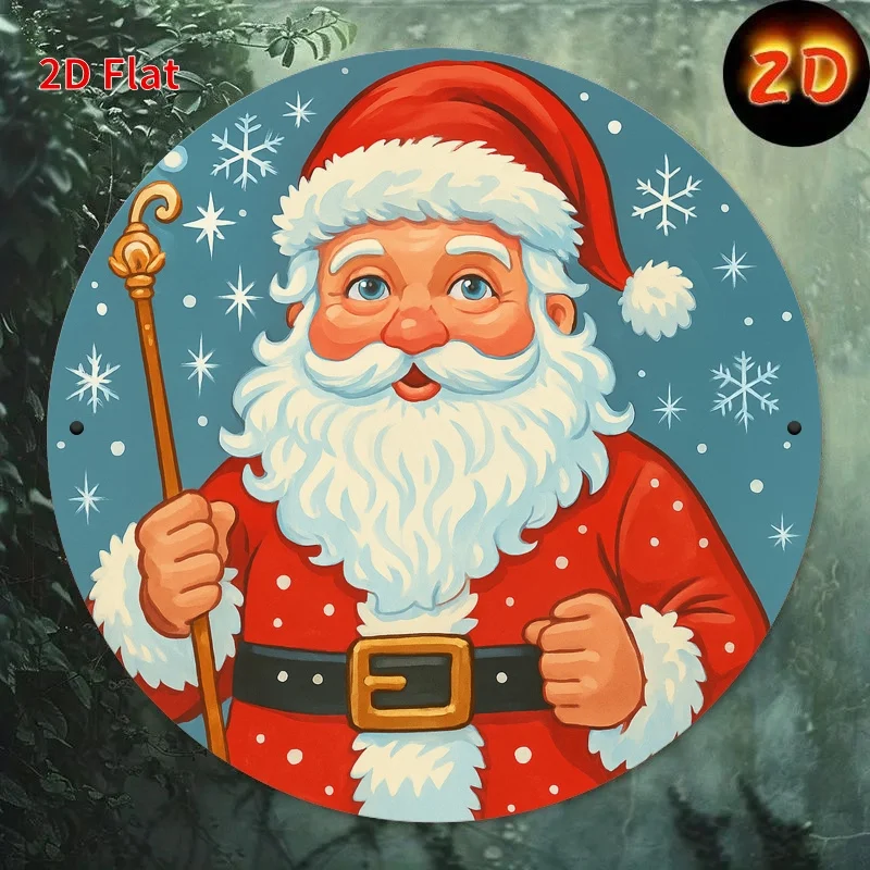 2D Flat, 1pc 2D Printed American Vintage Round Wooden Sign, Santa Claus Holding a Magic Wand, Putuo Decor Humorous Sign, for Por