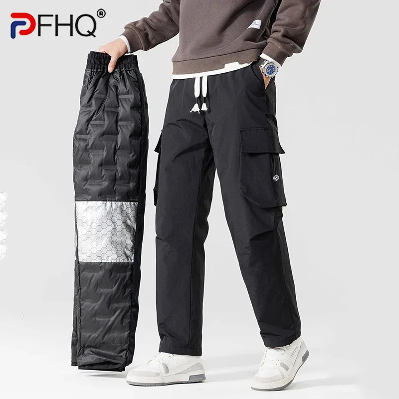 PFHQ Winter Men's Pants White Duck Down Padded Multi-Pockets Straight Cargo Pants Windproof And Waterproof Thick Warm Trousers