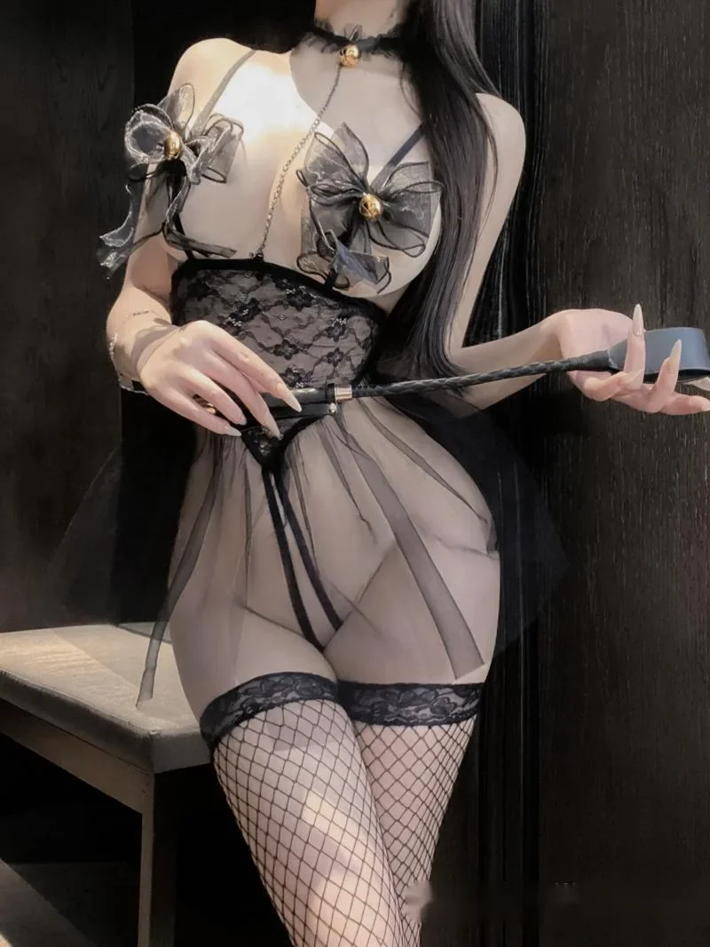 

Mesh Lace Sheer Bow Sexy Cat Girl Uniform Pure Desire Lace Seduction Camisole Tank Mini Dress Pajama Dress Elegant SM Tops P9F6