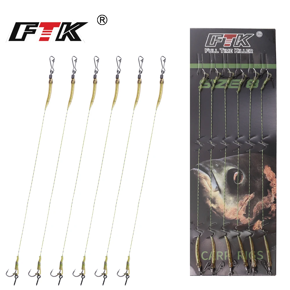 FTK 6Pcs Carp Fishing Hook Ready Made Hook Link Tied Rigs Terminal Tackle Fishing Hooks Size 2#4#6#8 Carp Fishing Tackle Pesca