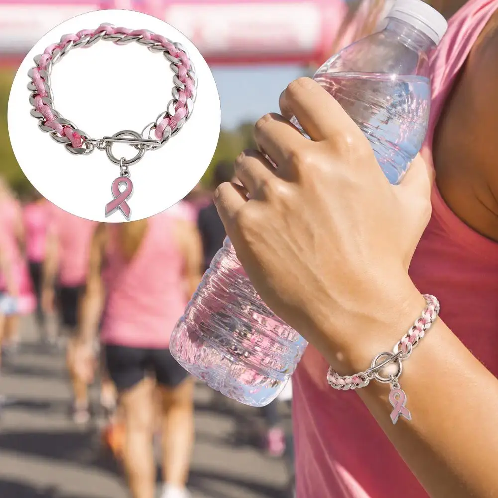 Commemorative Charity Jewelry Breast Cancer Awareness Bracelet Pink Ribbon Charm Jewelry Inspirational Gift for Survivors