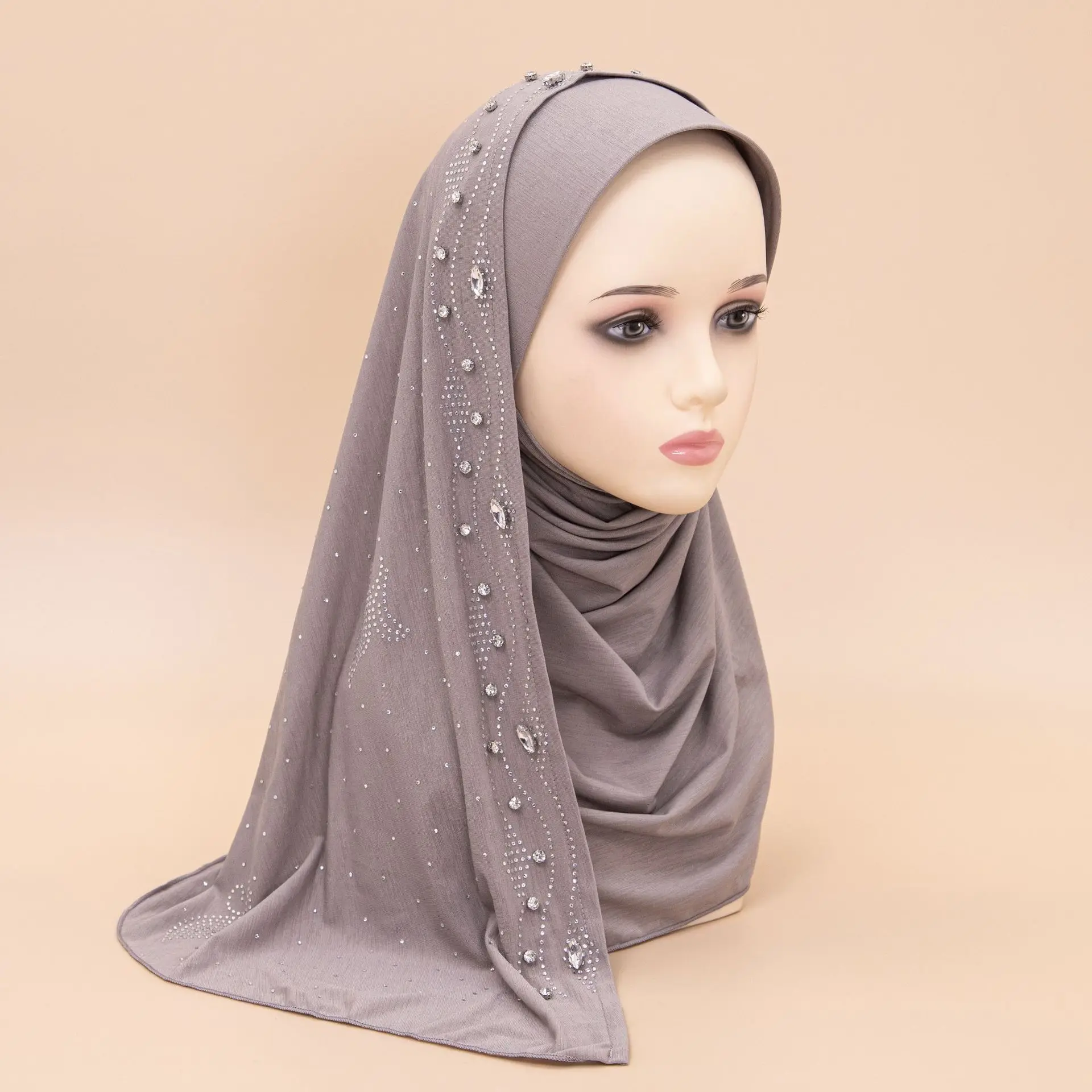 Muslim Turban Hijab Beaded Hijab Brim Hot Drill Arab Women Soft Instant Ready to Wear Hijab Turkey Head Wrap Scarf Niqab Shawls