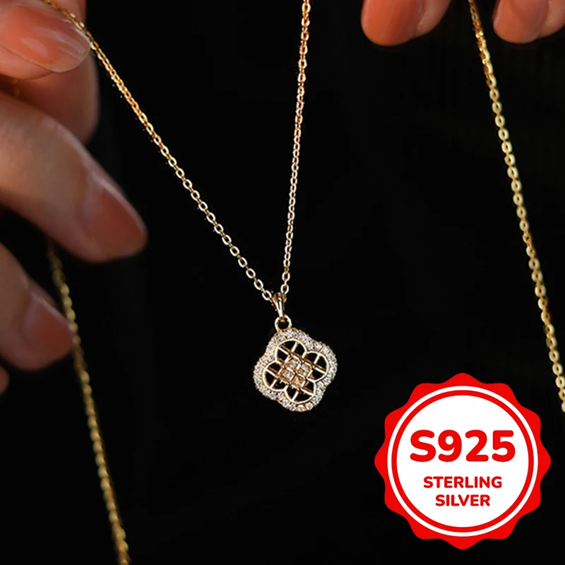 

s925 sterling silver geometric hollow flower frame window pattern necklace women light luxury classic elegant fashion retro