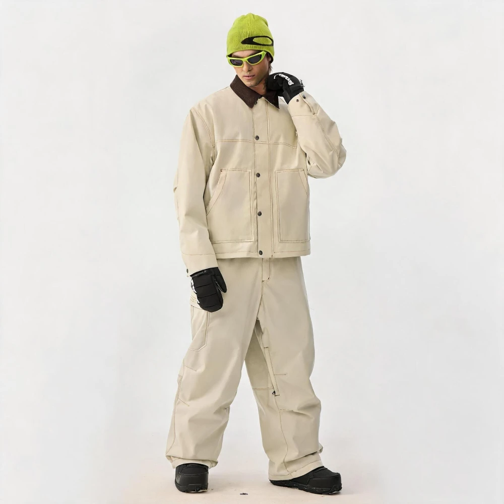 GSOU SNOW American Baggy Skiing Suit Winter Windproof Warm Oversize Clothes Super Loose Color-blocked Snowboard Jacket Pants Set