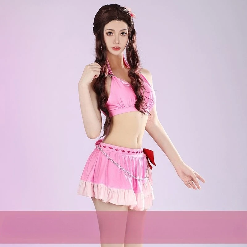 

ANIMECC IN Stock XS-3XL FF7 Cosplay Aerith Gainsborough Dress Sexy Pink Swimsuit Halloween Party Outfits for Women