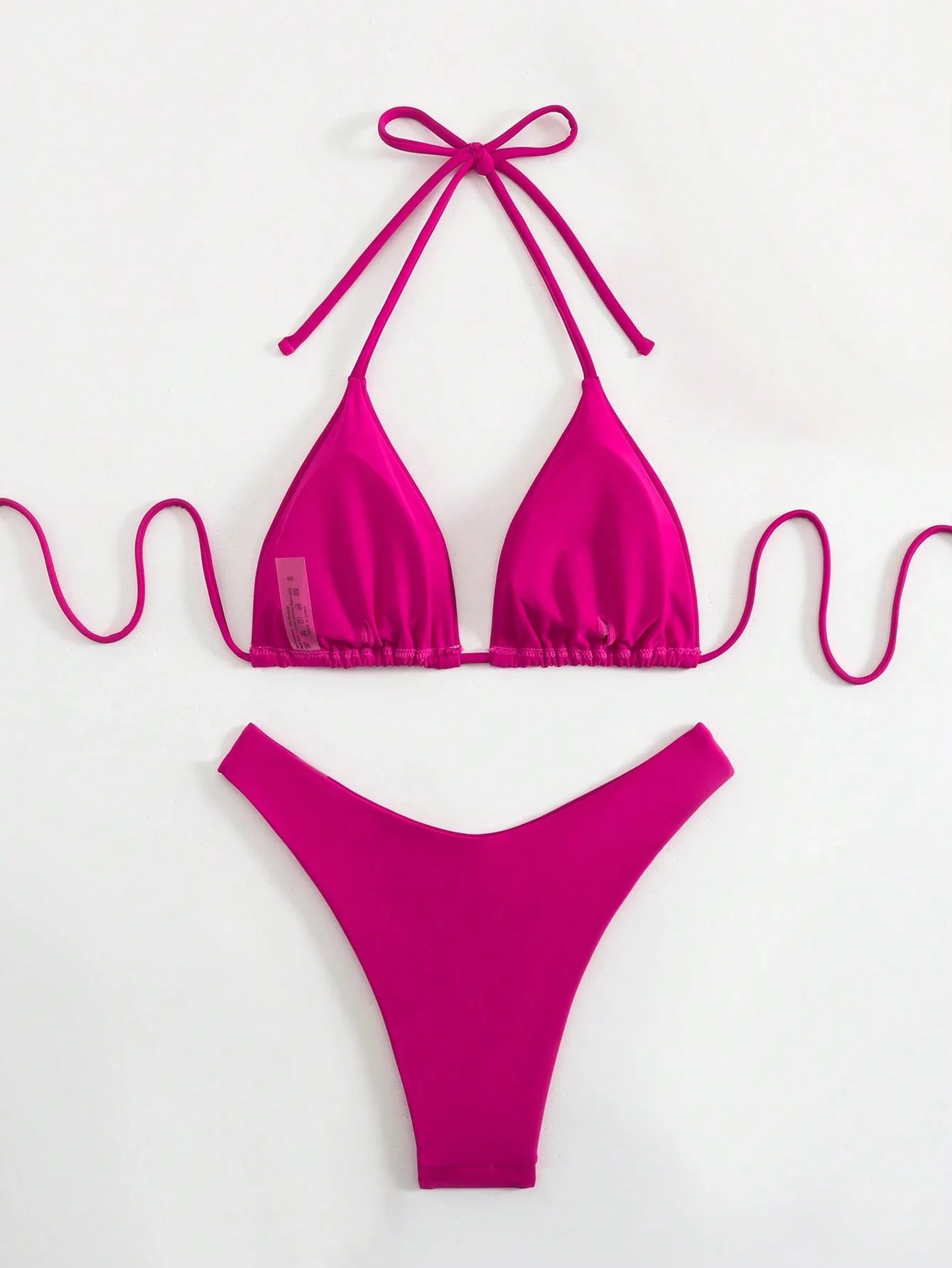 

Hot Pink Halter Triangle Bikini Set Wire Free Low Waist Solid Beach Swimwear
