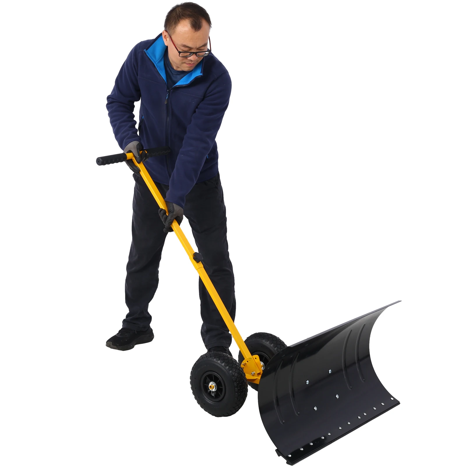 Wheeled Snow Pusher Shovel, 29" Adjustable Angle Snow Blade with 10" Anti-Skid Rubber Wheels, Ergonomic Cushioned Handle Heavy Duty Snow Removal Tool for Driveway Yard