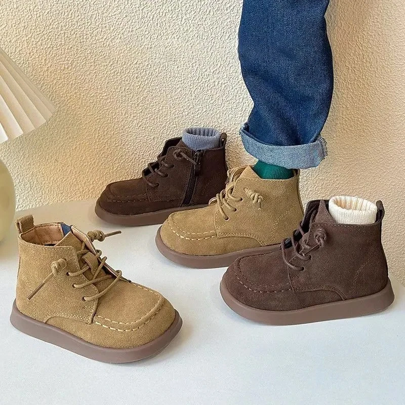 Kids Short Boots Retro Versatile Children Ankle Boots British Style Side Zip 2025 Autumn New Boys Girls Leather Boots Soft Sole