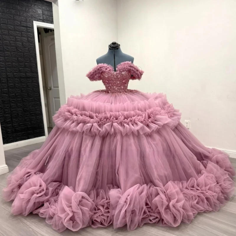 

Pink Quinceanera Dresses Off the Shoulder Glitter Crystal Lace Ruffles Decal Long tail Bow Vestidoe 15 Quinceanera Customize