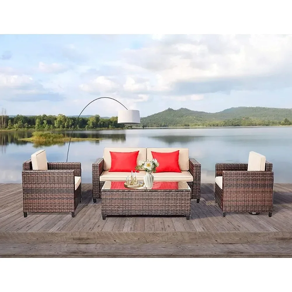 

Outdoor Sofa Set, Sectional Set with Cushions and Tempered Glass Table, Outdoor Garden Sofas Sets