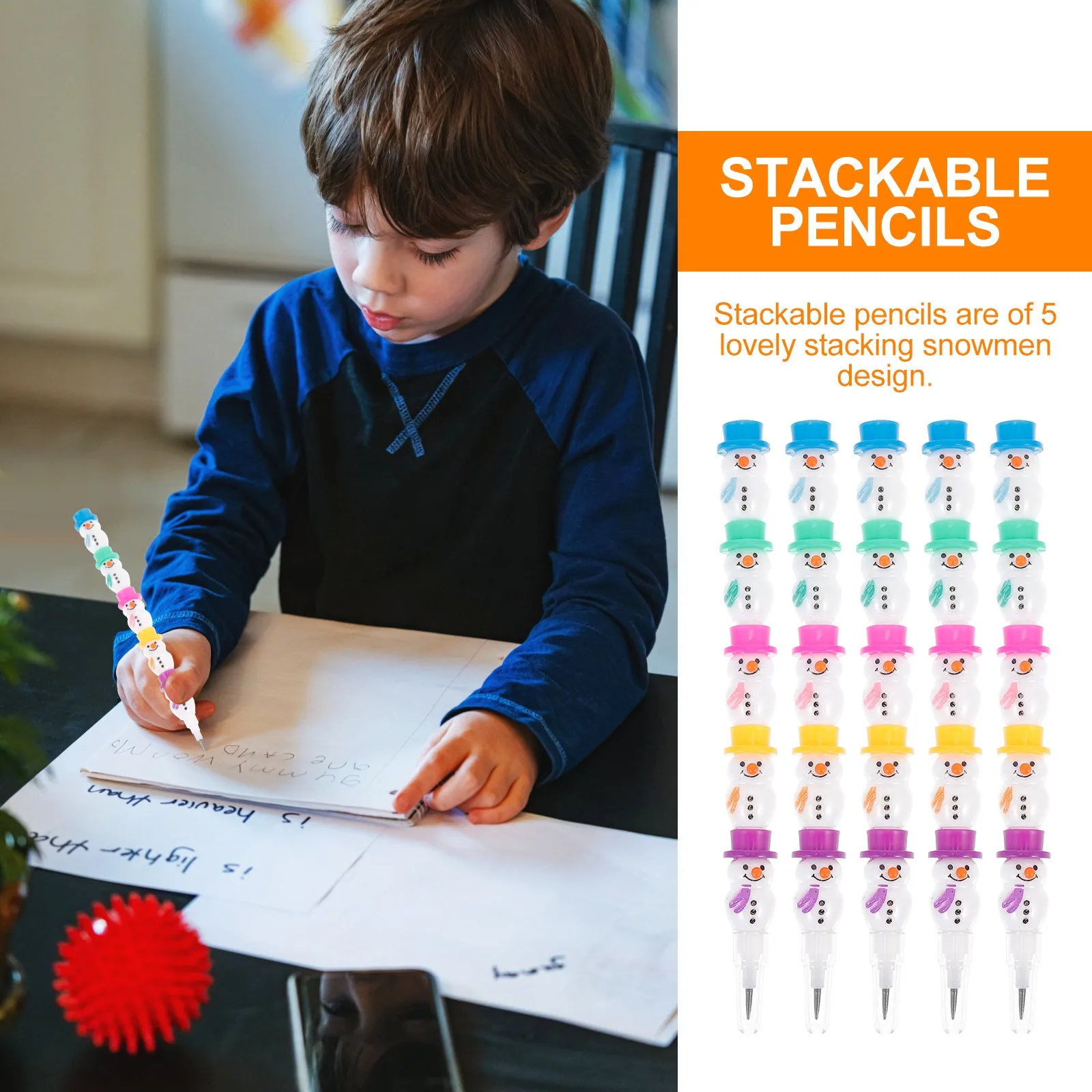 15Pcs Christmas Stackable Snowman Pencils Non-Sharpening Adjustable Length Colorful Caps School Supplies Student Pencil