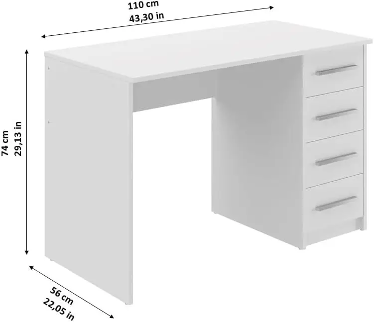 Rectangular escritorio de ordenador con 4-cajones, 56 x 110 x 73 cm (blanco)